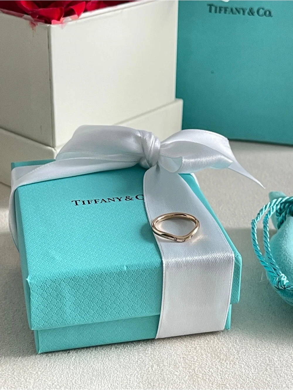 Tiffany & Co Elsa Peretti Curved Band Ring Rose Gold 3 Diamonds Sz 4